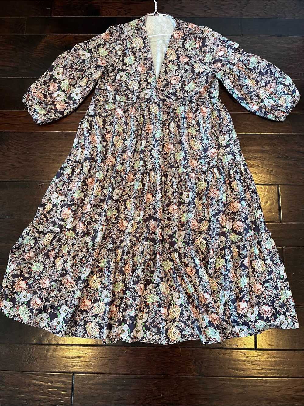 SHEIN Navy Floral Tiered Long Sleeve Dress; Size Medium